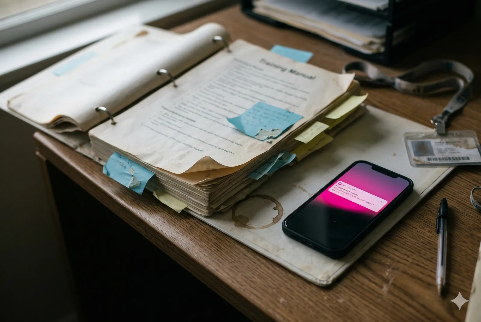 Old training manual binder with sticky notes next to a phone showing a WelcoMe training notification