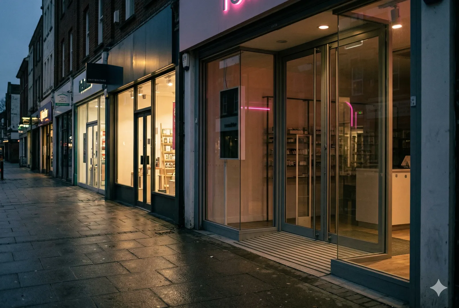High street shopfronts at dusk with level-access entrance and wet pavement
