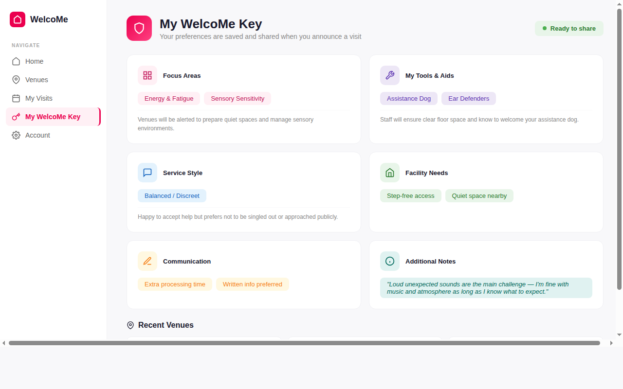 WelcoMe Key page where visitors set their accessibility profile and needs
