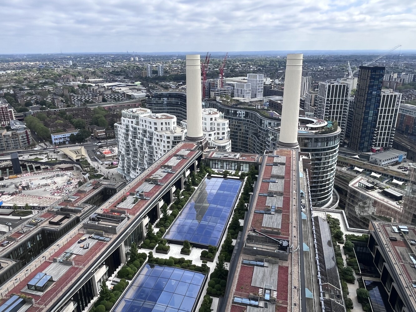 The roof of Battersea Power Station looking down from the Chimney Lift