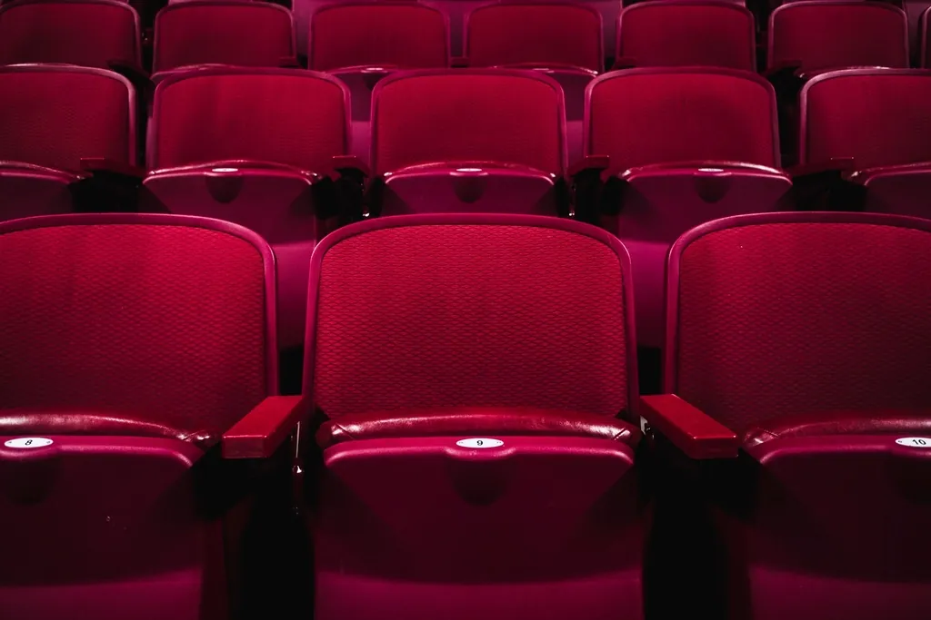 Rows of red upholstered cinema seats